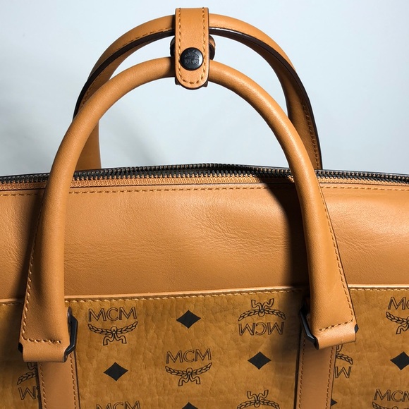 MCM cognac visetos leather computer laptop bag zippered monogramed tote - Picture 4 of 7